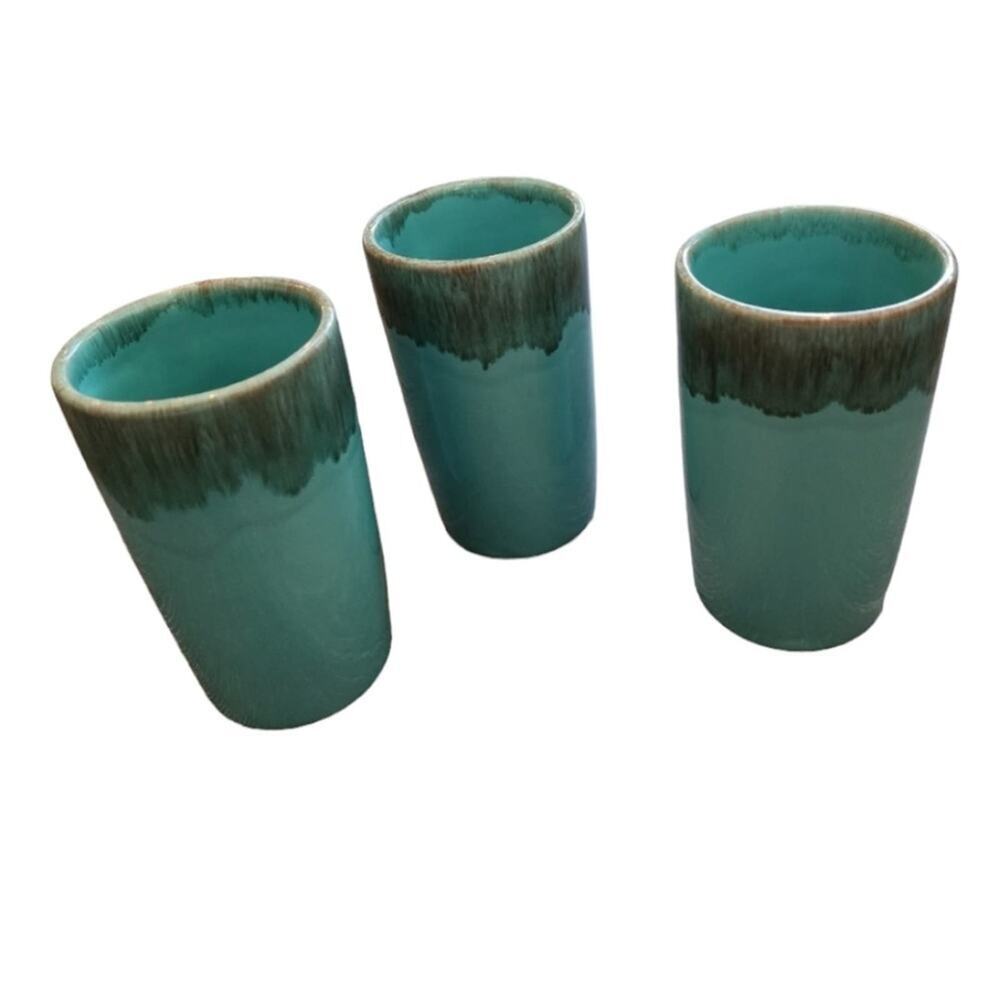 Jaska of California Cascade Ware Blue with Brown Drip Vintage 3 Glasses Tumblers